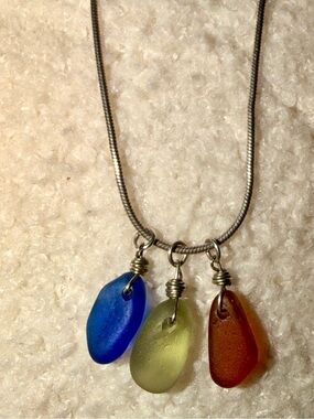 Trio Sea Glass Pendant Necklace - Blue, Green, Amber